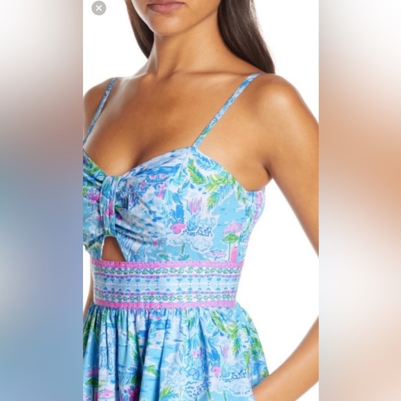 Lilly Pulitzer Katelyn blue & pink floral tropical spaghetti strap a line dress - Picture 2 of 11